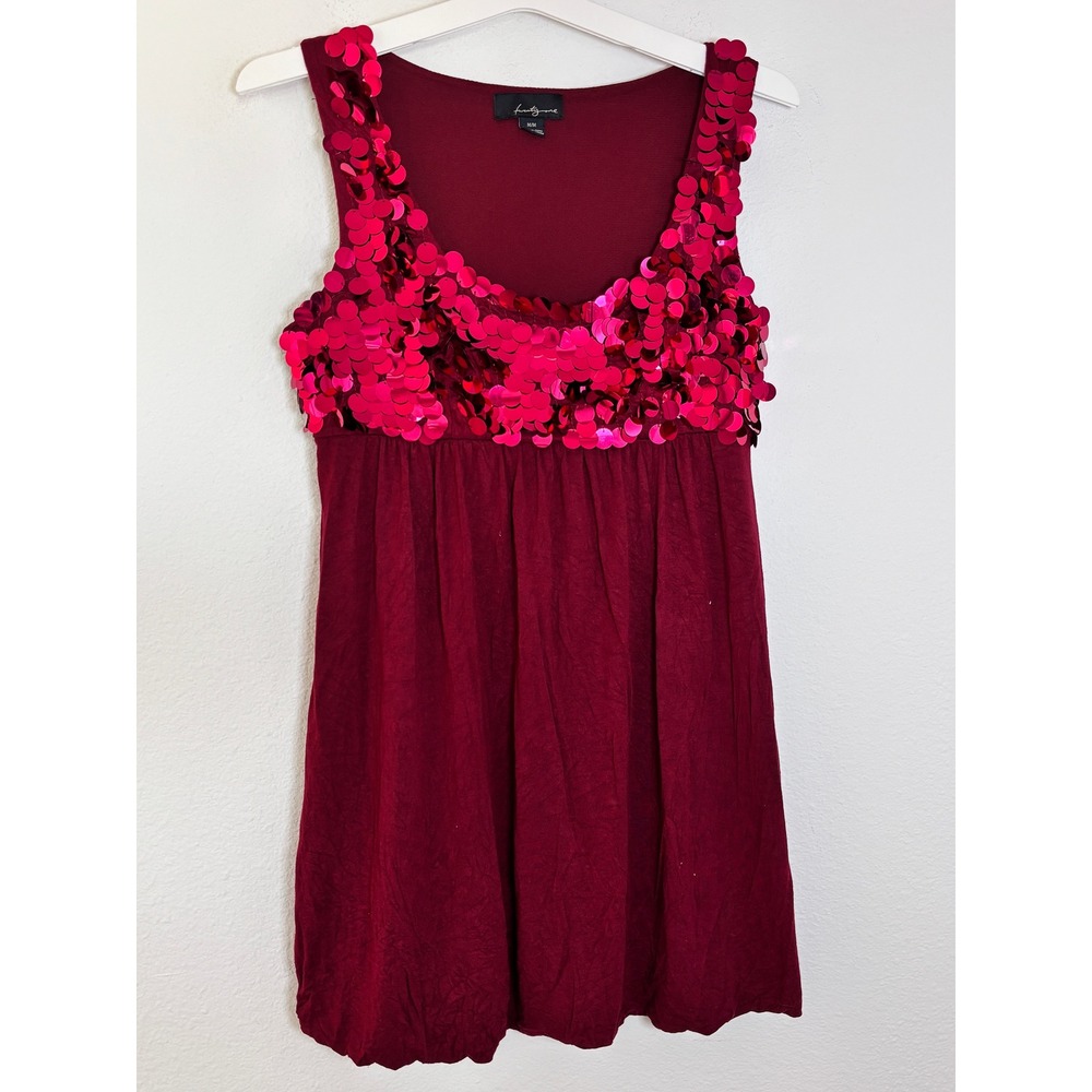 Forever 21 Sequin Babydoll Tunic Top Burgundy Red Pink Sleeveless Bubble Hem M
